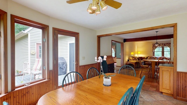 114 Snow Pond Rd, Concord, NH 03301 - dining area featuring wood walls, a wainscoted wall, and a ceiling fan