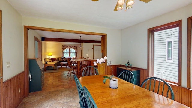 114 Snow Pond Rd, Concord, NH 03301 - dining space featuring wooden walls, a wainscoted wall, and ceiling fan