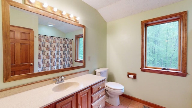 114 Snow Pond Rd, Concord, NH 03301 - full bath with vaulted ceiling, healthy amount of natural light, vanity, tile patterned floors, and a shower with curtain