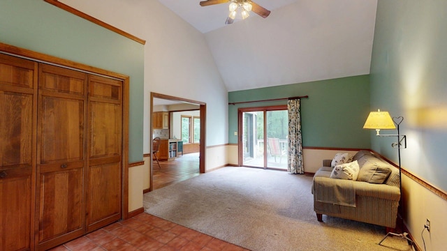114 Snow Pond Rd, Concord, NH 03301 - living area featuring light colored carpet, ceiling fan, high vaulted ceiling, and light tile patterned flooring