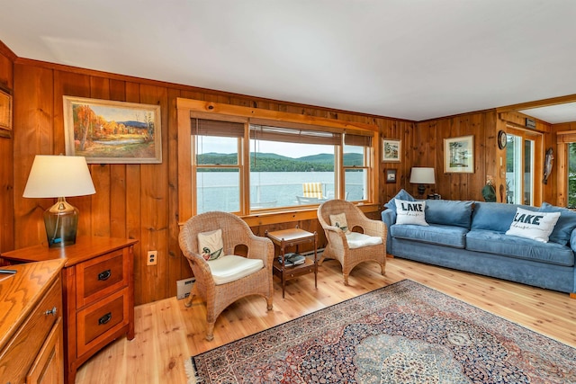 352 S Shore Rd, New Durham, NH 03855 - living area with wood walls, light wood-style floors, a baseboard heating unit, and a water view