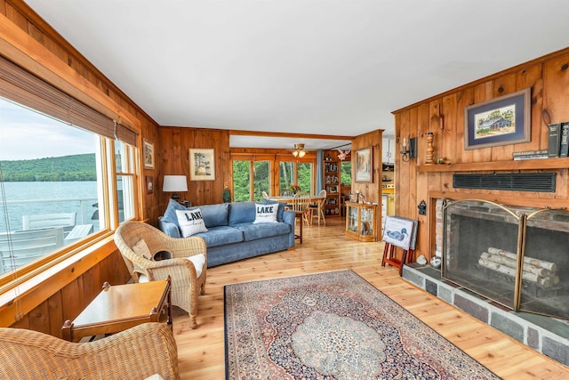 352 S Shore Rd, New Durham, NH 03855 - living area with wood walls, healthy amount of natural light, a fireplace with raised hearth, and light wood finished floors