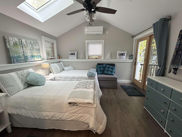 352 S Shore Rd, New Durham, NH 03855 - bedroom featuring a wall mounted air conditioner, dark wood-type flooring, vaulted ceiling, multiple windows, and a skylight