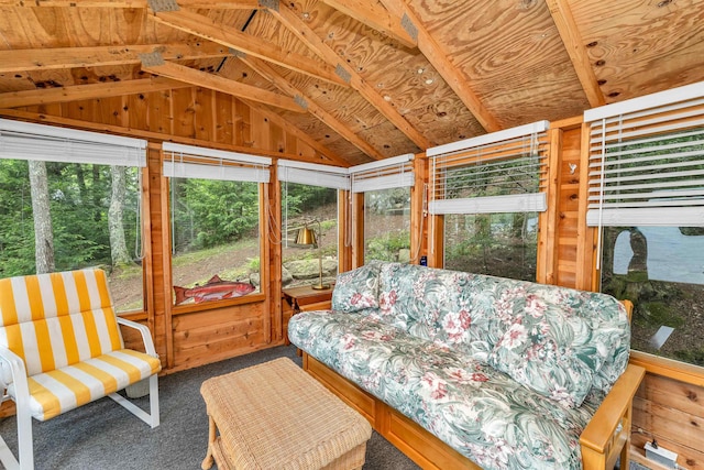 352 S Shore Rd, New Durham, NH 03855 - sunroom / solarium featuring lofted ceiling, carpet, and outdoor lounge area