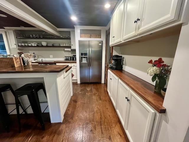 33 Newbury Heights Rd, Newbury, NH 03255 - kitchen with wood counters, stainless steel refrigerator with ice dispenser, open shelves, dark wood-type flooring, and recessed lighting