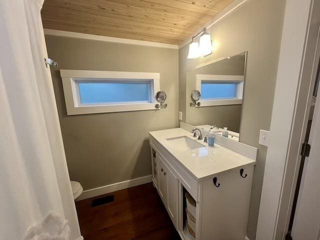 33 Newbury Heights Rd, Newbury, NH 03255 - bathroom with wooden ceiling, vanity, ornamental molding, and wood finished floors