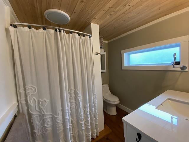 33 Newbury Heights Rd, Newbury, NH 03255 - full bathroom featuring wooden ceiling, vanity, a shower with shower curtain, wood finished floors, and ornamental molding