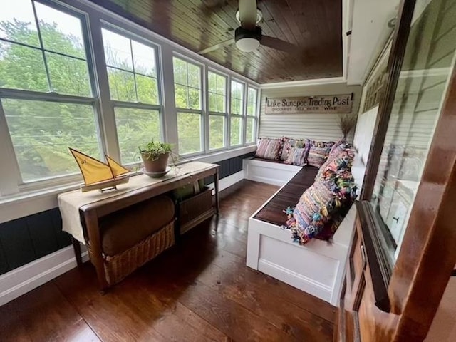 33 Newbury Heights Rd, Newbury, NH 03255 - sunroom with wood ceiling, hardwood / wood-style flooring, and a ceiling fan