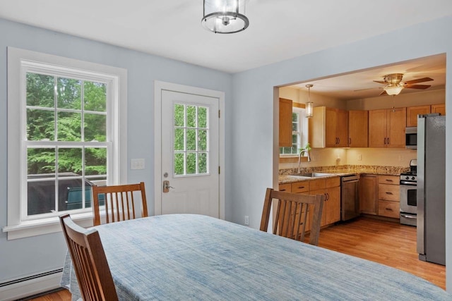 82 Robinhood Rd, Wakefield, NH 03830 - dining space featuring baseboard heating, light wood-type flooring, and a ceiling fan