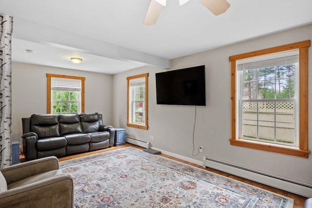 82 Robinhood Rd, Wakefield, NH 03830 - living room featuring a baseboard radiator, wood finished floors, and a ceiling fan