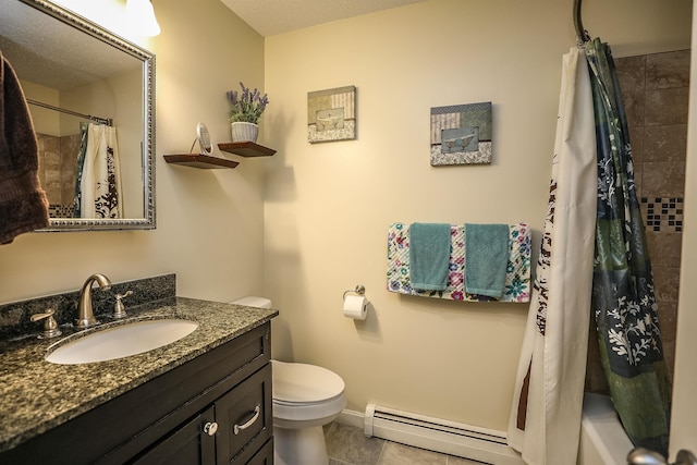19 Shelburne Rd Unit 19, Merrimack, NH 03054 - bathroom with a baseboard radiator, vanity, tile patterned flooring, and shower / tub combo with curtain