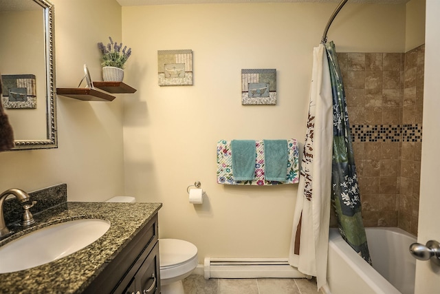 19 Shelburne Rd Unit 19, Merrimack, NH 03054 - full bathroom featuring a baseboard radiator, vanity, shower / bathtub combination with curtain, and tile patterned floors