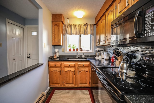 19 Shelburne Rd Unit 19, Merrimack, NH 03054 - kitchen with black appliances, brown cabinetry, decorative backsplash, and a textured ceiling
