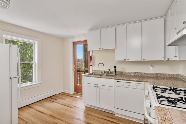89 College St Unit A-2, Burlington, VT 05401 - kitchen with white appliances, baseboard heating, light wood finished floors, and white cabinetry