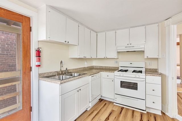89 College St Unit A-2, Burlington, VT 05401 - kitchen with white appliances, under cabinet range hood, light wood-type flooring, white cabinetry, and light countertops