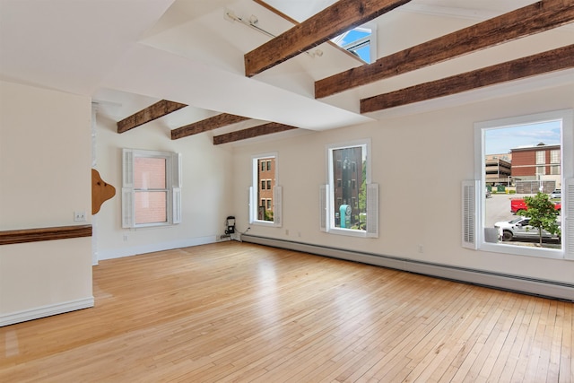 89 College St Unit A-2, Burlington, VT 05401 - unfurnished living room featuring baseboard heating, beam ceiling, hardwood / wood-style flooring, and healthy amount of natural light