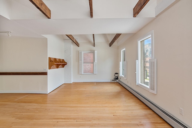 89 College St Unit A-2, Burlington, VT 05401 - unfurnished living room with a baseboard radiator, beam ceiling, and hardwood / wood-style floors