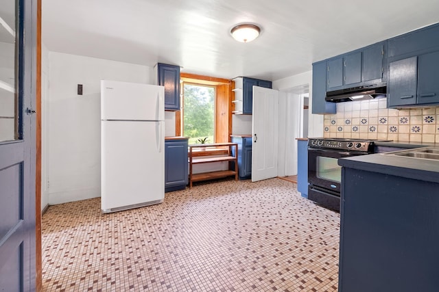 526 River Rd, Lyme, NH 03768 - kitchen featuring freestanding refrigerator, black / electric stove, blue cabinets, backsplash, and under cabinet range hood