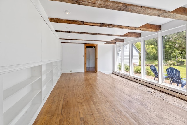 526 River Rd, Lyme, NH 03768 - unfurnished living room with light wood-style flooring and beam ceiling