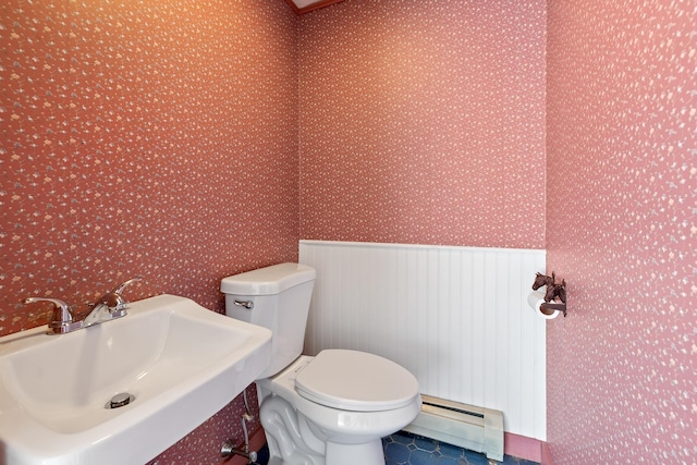 526 River Rd, Lyme, NH 03768 - half bathroom with a baseboard heating unit, wallpapered walls, and wainscoting