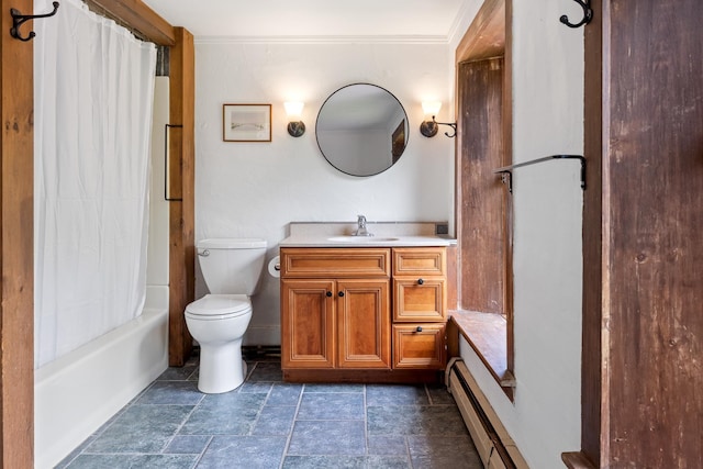 526 River Rd, Lyme, NH 03768 - full bathroom with vanity, shower / bath combination with curtain, and a baseboard heating unit