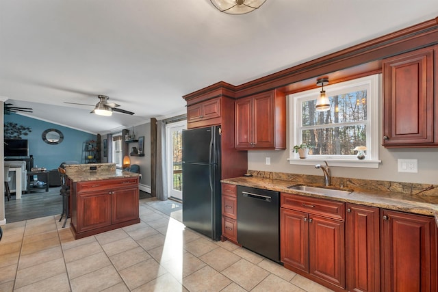 55 Trask Side Rd, Alton, NH 03810 - kitchen featuring dishwashing machine, freestanding refrigerator, plenty of natural light, lofted ceiling, and ceiling fan