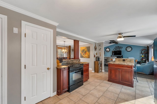 55 Trask Side Rd, Alton, NH 03810 - kitchen with black electric range, open floor plan, a ceiling fan, light tile patterned flooring, and ornamental molding