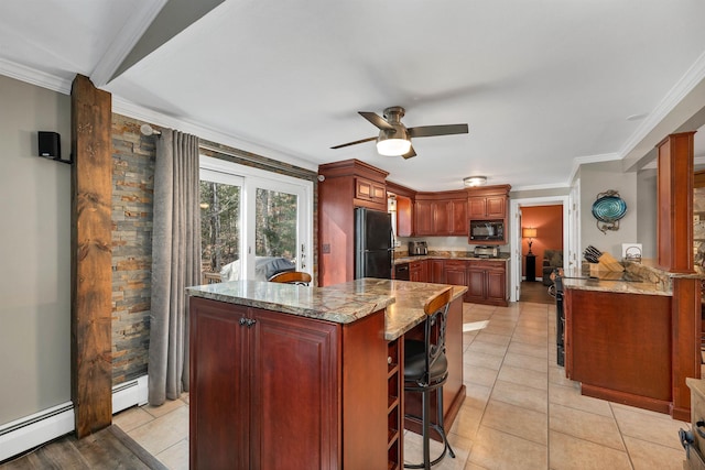 55 Trask Side Rd, Alton, NH 03810 - kitchen with black appliances, a ceiling fan, light tile patterned floors, light stone counters, and ornamental molding