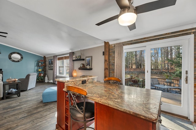 55 Trask Side Rd, Alton, NH 03810 - kitchen with plenty of natural light, a ceiling fan, open floor plan, ornamental molding, and dark wood-type flooring