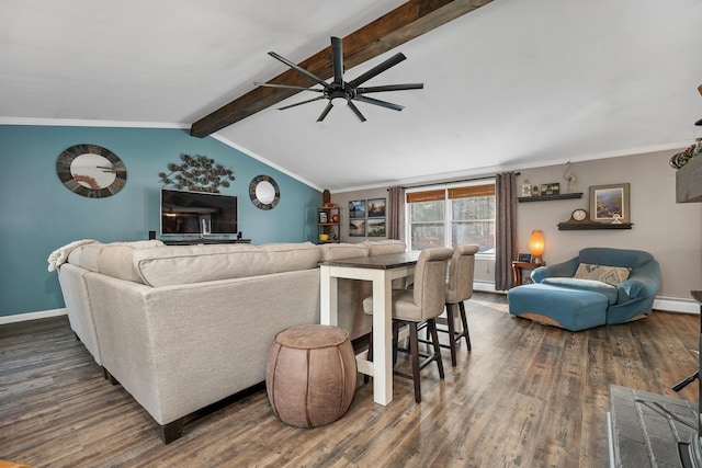 55 Trask Side Rd, Alton, NH 03810 - living room featuring dark wood-style flooring, ceiling fan, baseboard heating, and ornamental molding
