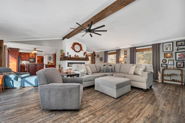 55 Trask Side Rd, Alton, NH 03810 - living area with a ceiling fan, dark wood finished floors, and crown molding
