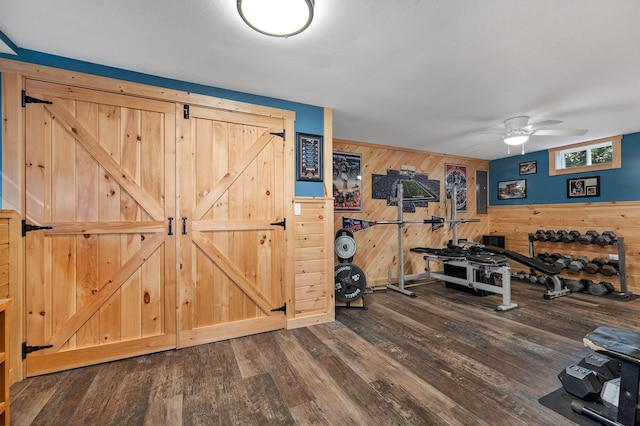 55 Trask Side Rd, Alton, NH 03810 - exercise room with wood walls, dark wood-style floors, and ceiling fan