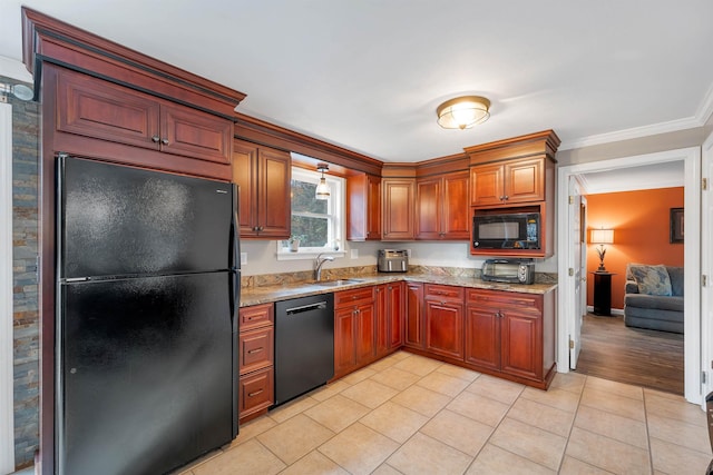 55 Trask Side Rd, Alton, NH 03810 - kitchen featuring black appliances, light stone counters, light tile patterned floors, and ornamental molding