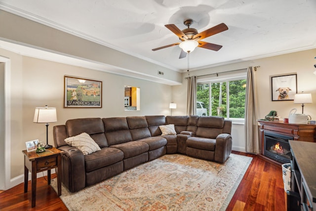 183 Summer St, Newport, NH 03773 - living room with dark wood-style floors, a ceiling fan, ornamental molding, and a glass covered fireplace