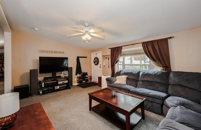 44 Hoit Mill Rd, Weare, NH 03281 - carpeted living room featuring a ceiling fan and lofted ceiling