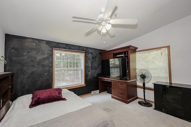 44 Hoit Mill Rd, Weare, NH 03281 - bedroom featuring light colored carpet, vaulted ceiling, and a ceiling fan