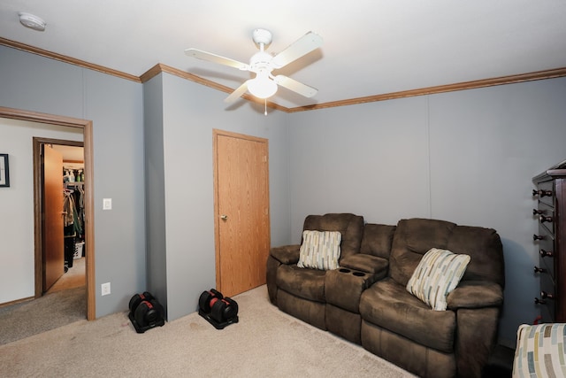 44 Hoit Mill Rd, Weare, NH 03281 - living area with carpet flooring, crown molding, and a ceiling fan