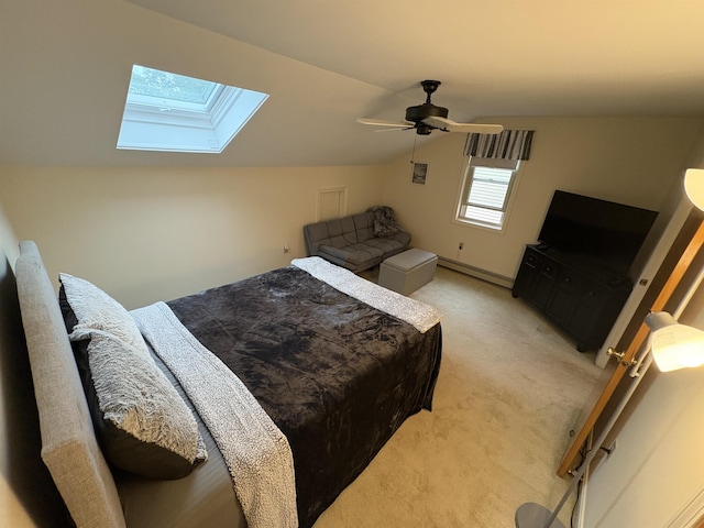 71 Esker Rd Unit B, Hampton, NH 03842 - bedroom featuring a skylight, light carpet, a baseboard heating unit, vaulted ceiling, and ceiling fan