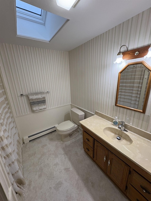 71 Esker Rd Unit B, Hampton, NH 03842 - full bathroom with wallpapered walls, baseboard heating, vanity, and a skylight