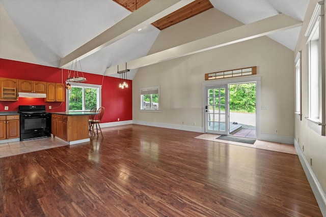 592 Old Bristol Rd, New Hampton, NH 03256 - unfurnished living room featuring high vaulted ceiling, light wood-style floors, and beamed ceiling