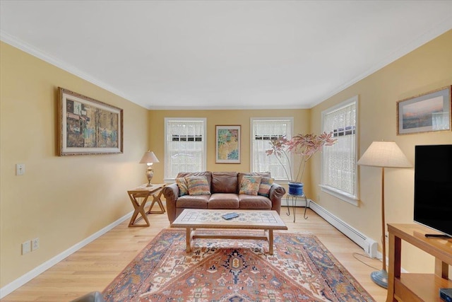 236 Lefebvre Ln, Williston, VT 05495 - living area featuring ornamental molding, light wood-style floors, and a baseboard radiator