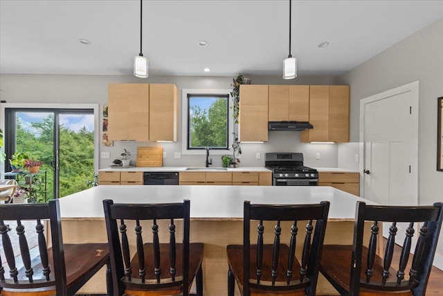 27 Hidden View Rd, Underhill, VT 05489 - kitchen with stainless steel range with gas cooktop, light brown cabinetry, light countertops, under cabinet range hood, and black dishwasher