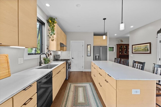 27 Hidden View Rd, Underhill, VT 05489 - kitchen with stainless steel appliances, light brown cabinetry, dark wood finished floors, light countertops, and recessed lighting