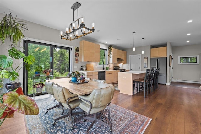 27 Hidden View Rd, Underhill, VT 05489 - dining space with baseboard heating, dark wood finished floors, recessed lighting, and a chandelier