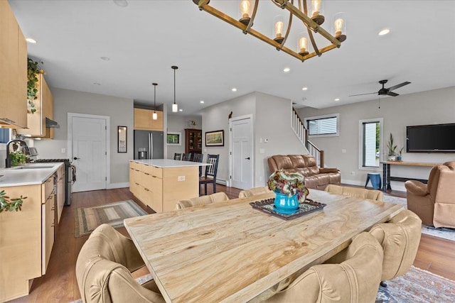 27 Hidden View Rd, Underhill, VT 05489 - dining space featuring stairs, wood finished floors, a chandelier, a ceiling fan, and recessed lighting