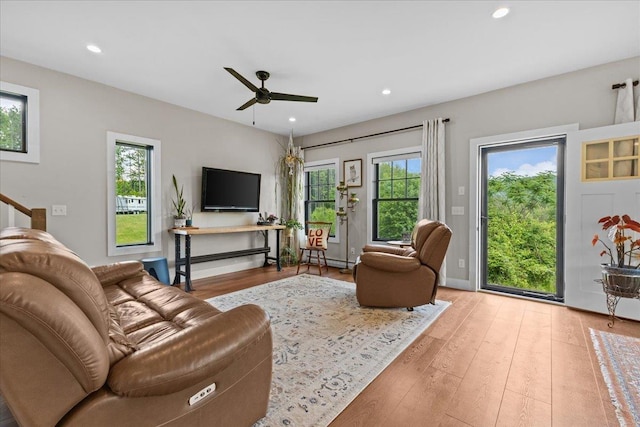 27 Hidden View Rd, Underhill, VT 05489 - living area featuring ceiling fan, wood finished floors, healthy amount of natural light, recessed lighting, and baseboard heating