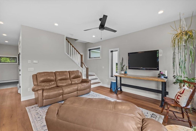 27 Hidden View Rd, Underhill, VT 05489 - living room featuring ceiling fan, stairway, wood finished floors, recessed lighting, and baseboard heating