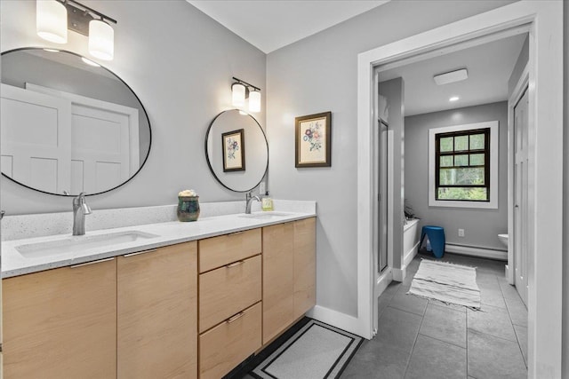 27 Hidden View Rd, Underhill, VT 05489 - full bathroom featuring double vanity, baseboard heating, tile patterned floors, and a shower