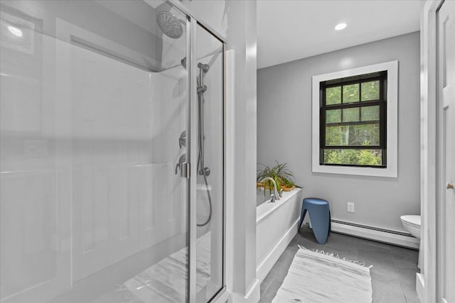 27 Hidden View Rd, Underhill, VT 05489 - full bathroom featuring a baseboard heating unit, a shower stall, tile patterned floors, and recessed lighting