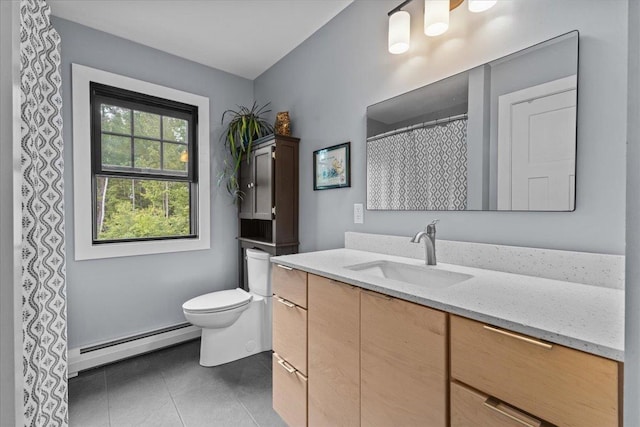 27 Hidden View Rd, Underhill, VT 05489 - full bath with baseboard heating, vanity, tile patterned floors, and a shower with curtain